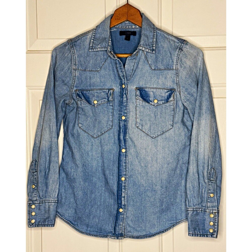J.CREW Blue Solid Denim Cotton Long Sleeve Point Collar Button-Up Shirt 0